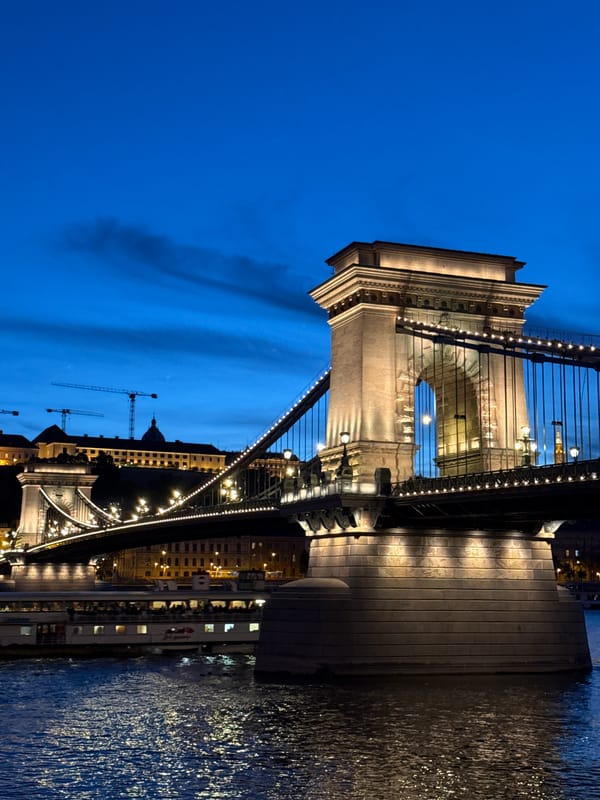 Evening lights illuminate Budapest's Chain Bridge at dusk