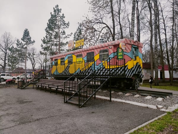 Morning scenes in Ufa: painted train car, resting cats