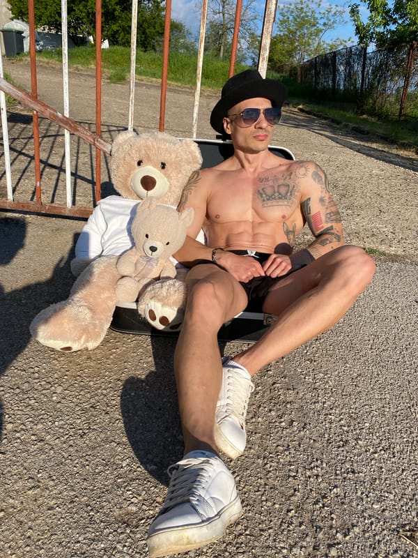 People pose with teddy bears in Pleven, Bulgaria