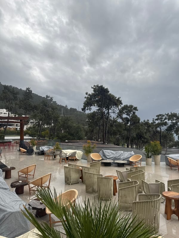 Restaurant patio furniture covered during cloudy weather in Bodrum
