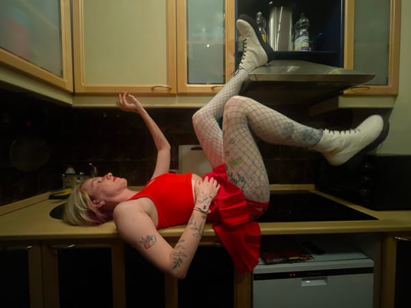 Woman in red dress observed on kitchen counter in Belgrade
