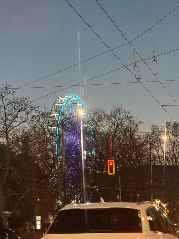 Illuminated Ferris wheel lights up Sofia skyline at night