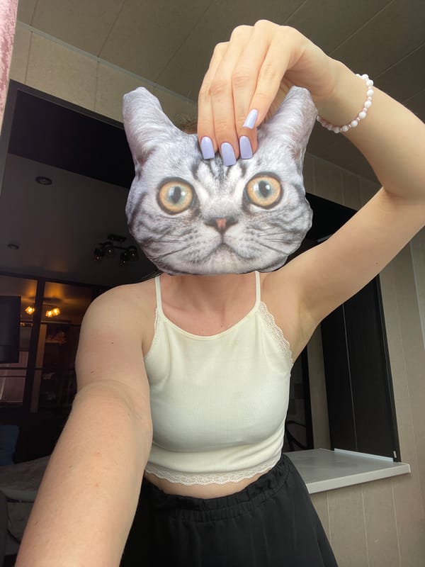 Person poses with cat pillow in Vladivostok