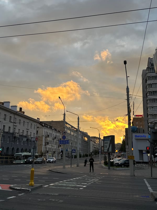 Evening street scenes documented across Minsk during sunset