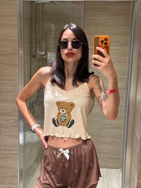 Bathroom selfie in Aksu, Turkey, teddy bear outfit