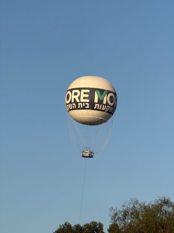 Branded hot air balloon drifts over Tel Aviv skies