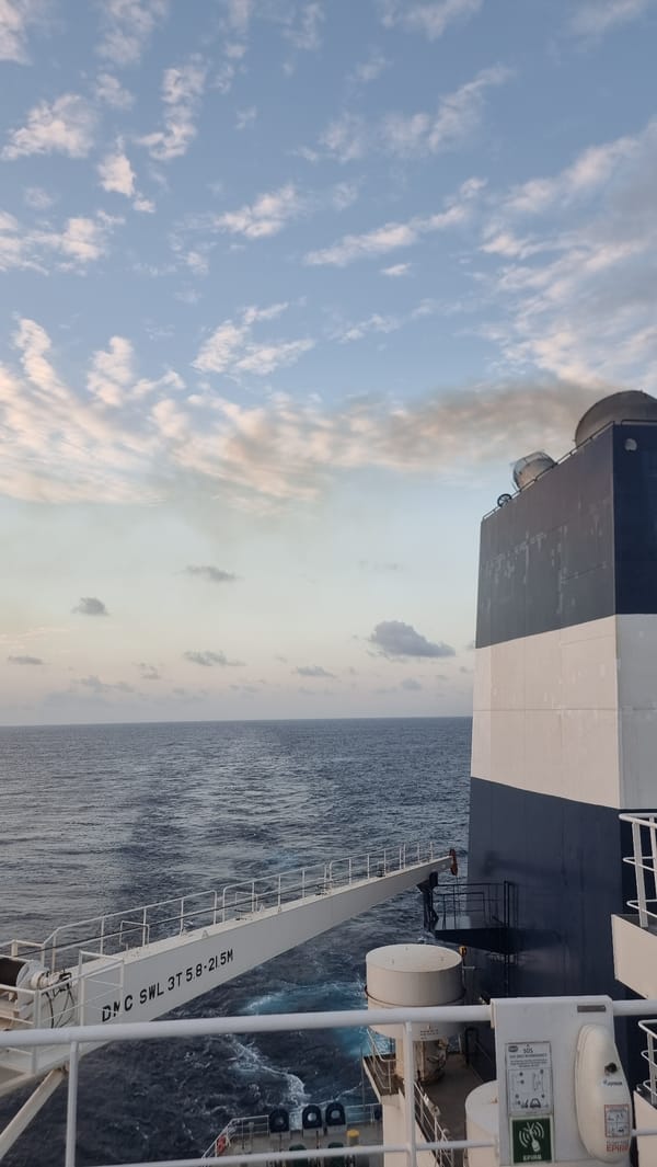On deck at sea, somewhere off the Kerala coast