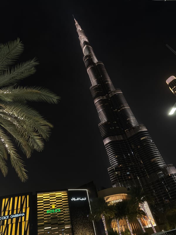 Dubai's Burj Khalifa district captured in nighttime illumination