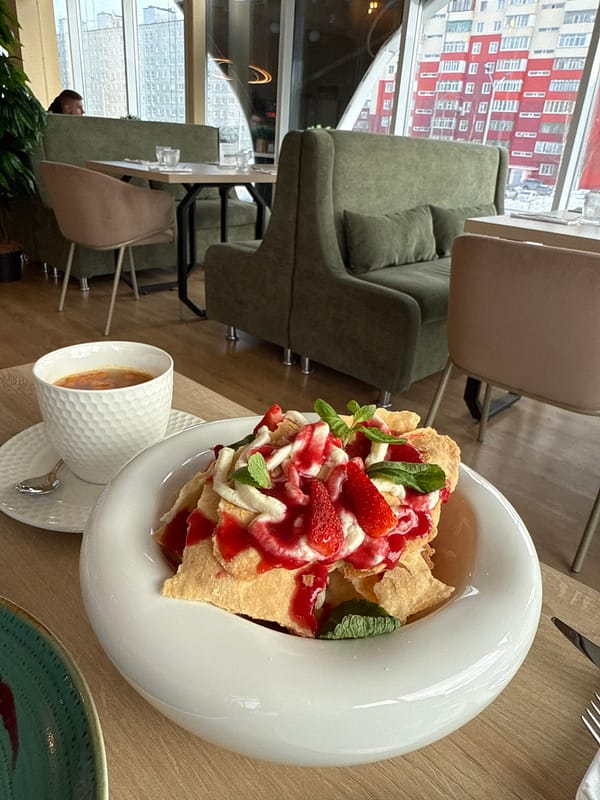 Lunch documented at Nizhnevartovsk restaurant overlooking cityscape