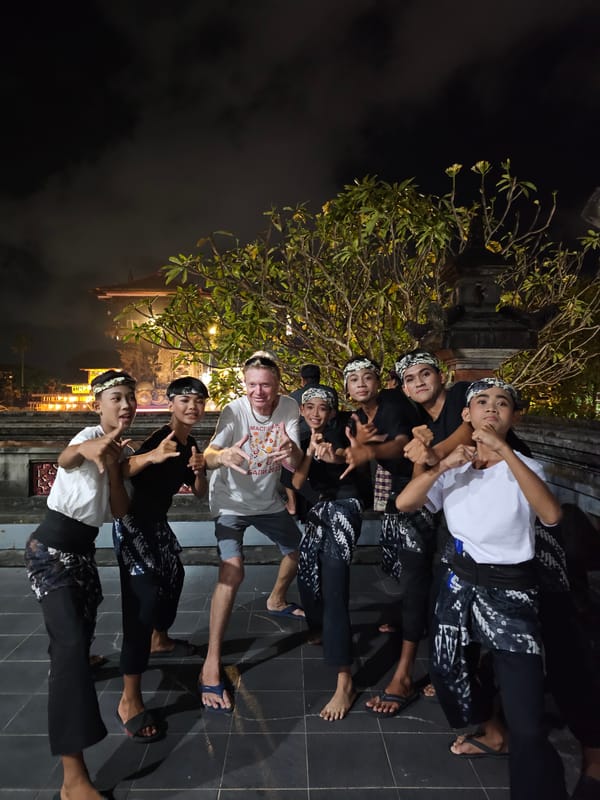 Traditional Balinese performance night in Denpasar, costumes and gamelan