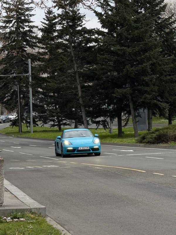 Blue Porsche spotted driving through Burgas, Bulgaria