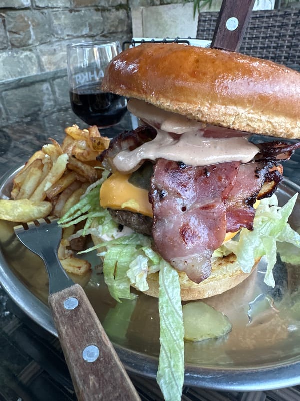 Outdoor burger meal photographed in Bankya, Bulgaria