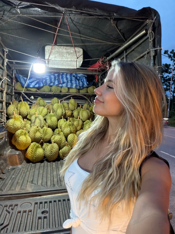 Roadside durian truck and scale, Choeng Thale at dusk