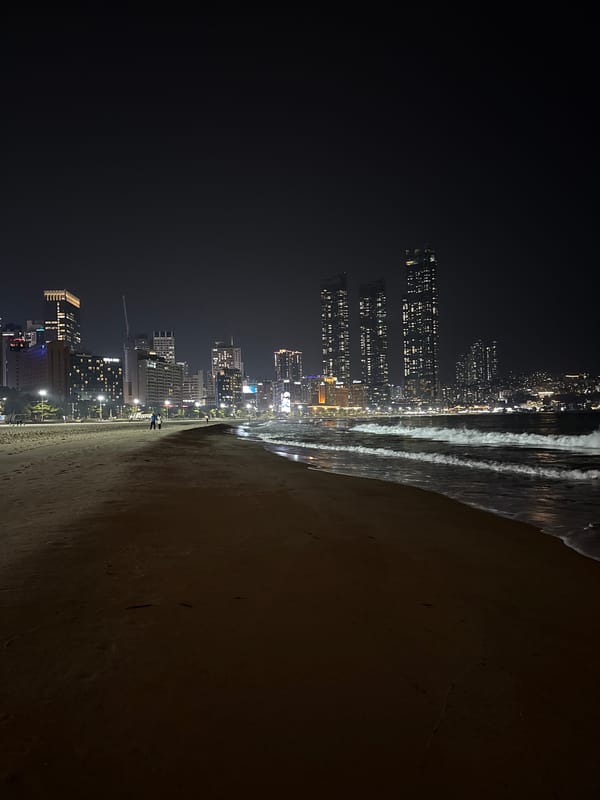 Nighttime scenes captured across Busan beaches and streets