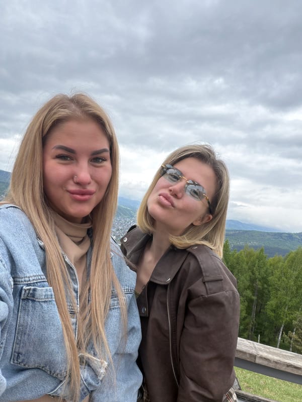 Two women pose for selfie in Gorno-Altaysk, Russia