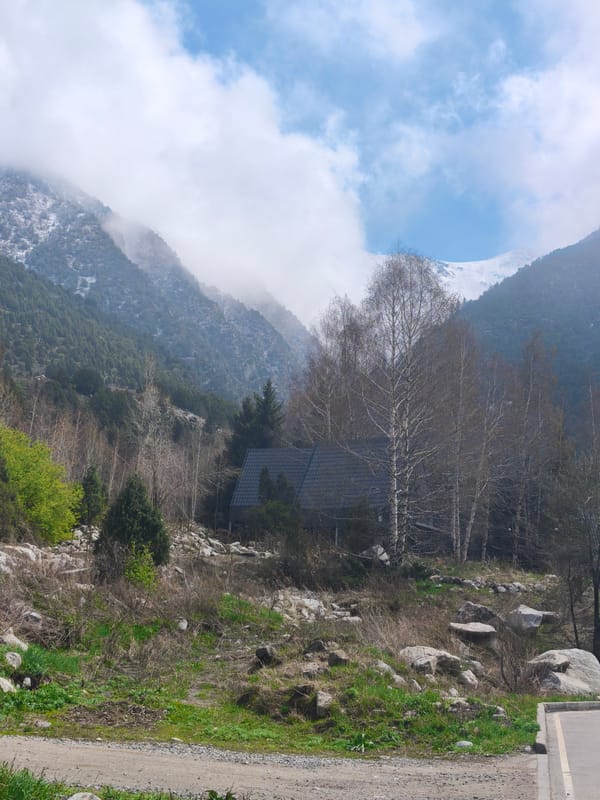 Rural building observed among trees near Kashka Suu, Kyrgyzstan