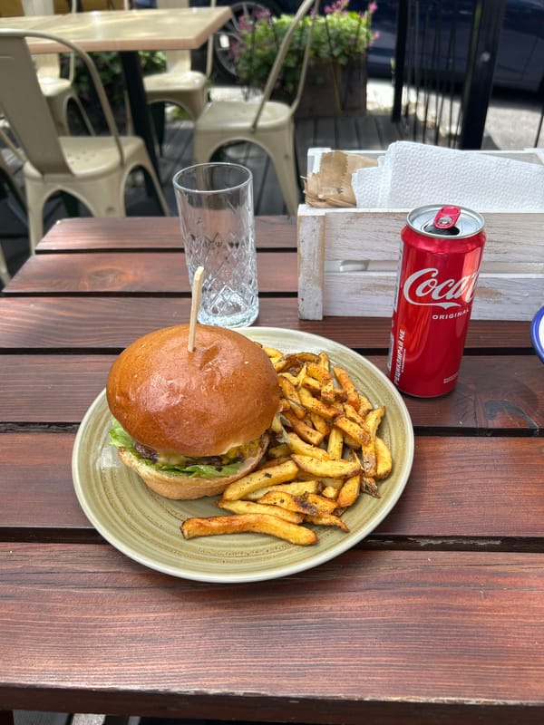 Burger and fries meal photographed in Sofia, Bulgaria
