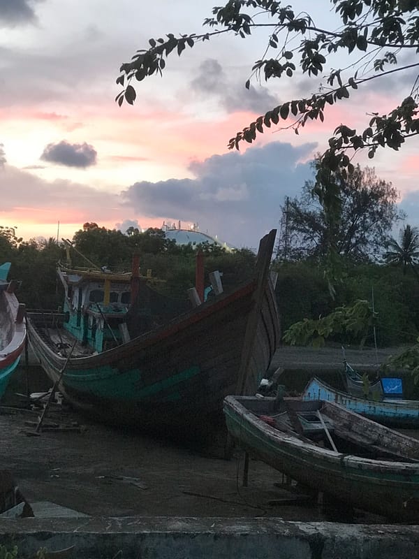 Fishing boats grounded for maintenance in Lhokseumawe, Indonesia