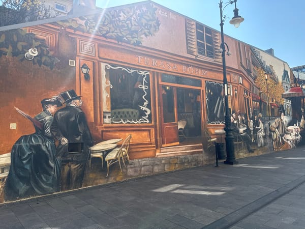Coffee delivery observed near historic mural in Craiova, Romania