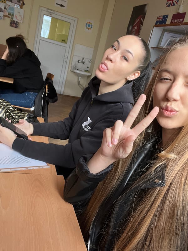 Young women take classroom selfie in Varna, Bulgaria