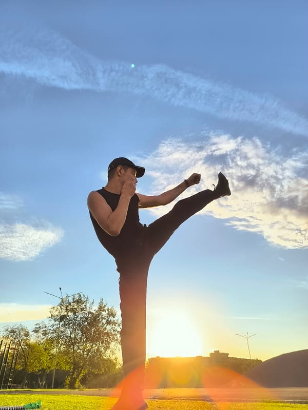 Martial arts training at sunset on a Qarağandı turf field