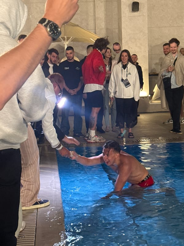 Late-night pool party at a Tsilkani venue, summer 2026
