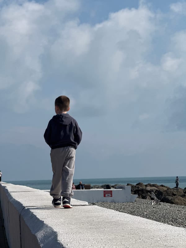 Boy watches sea from promenade in Sirius, Russia