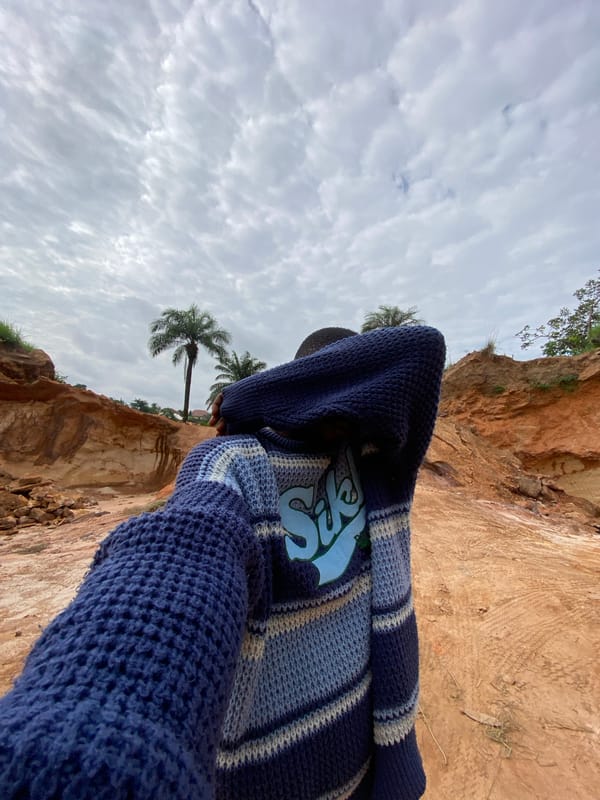 Person in blue sweater photographed from below in Igbara