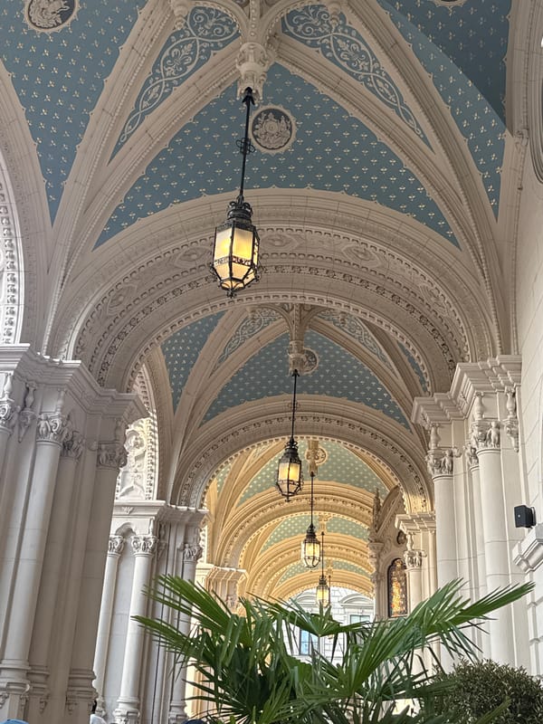Visitor captures ornate ceiling details at Budapest's Párisi Udvar Hotel