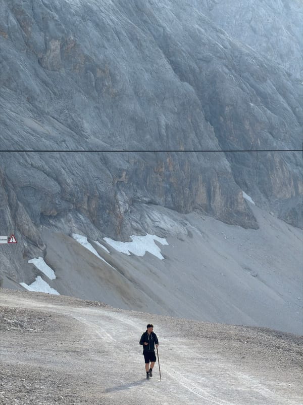 Summer morning on the Zugspitze, rocky terrain and alpine gear