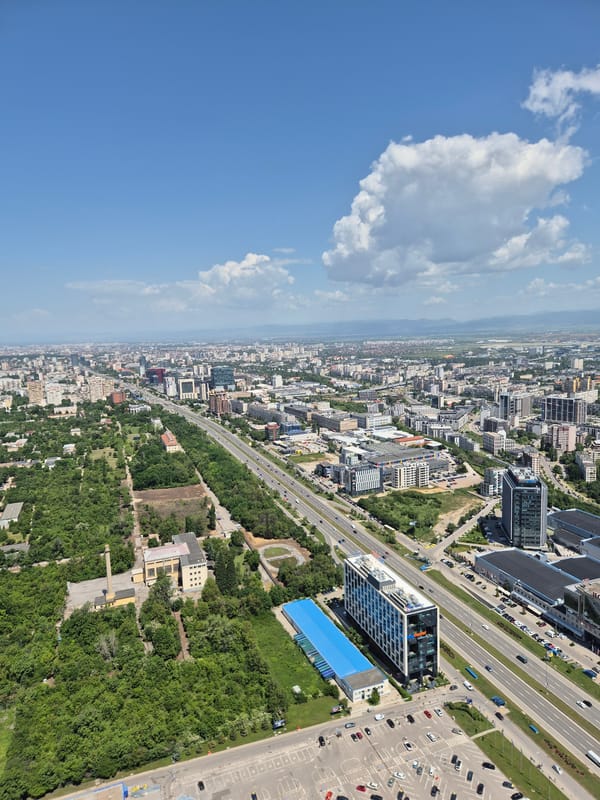 Aerial view captures Sofia cityscape with solar infrastructure