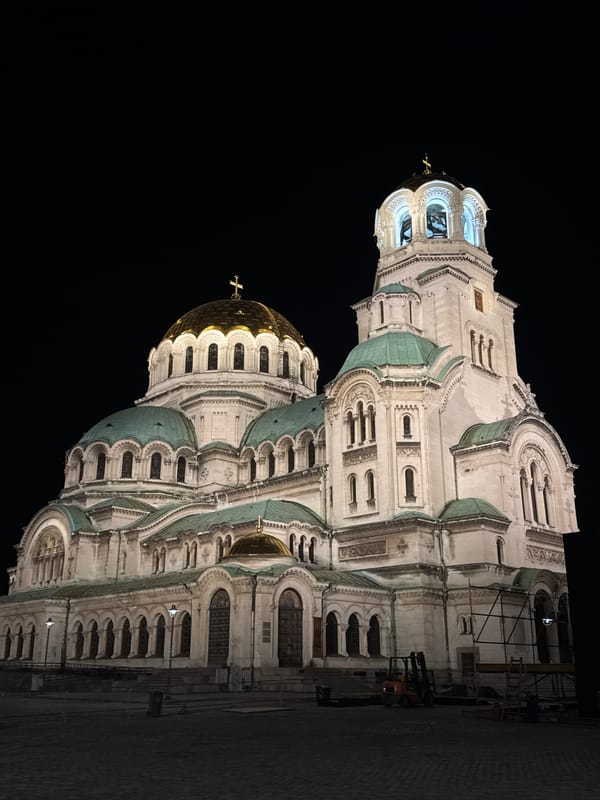 Sofia's illuminated landmarks at night, centered on Alexander Nevsky Cathedral