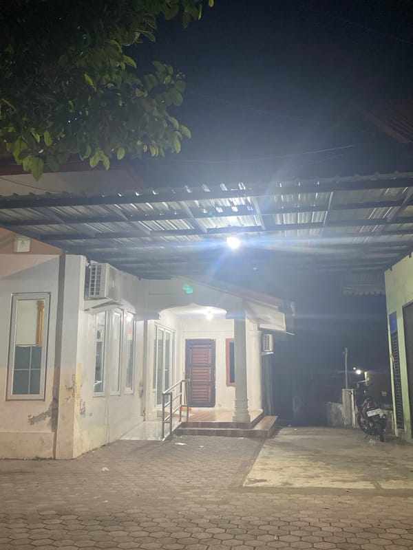 Nighttime walkway with street light and hexagonal pavers