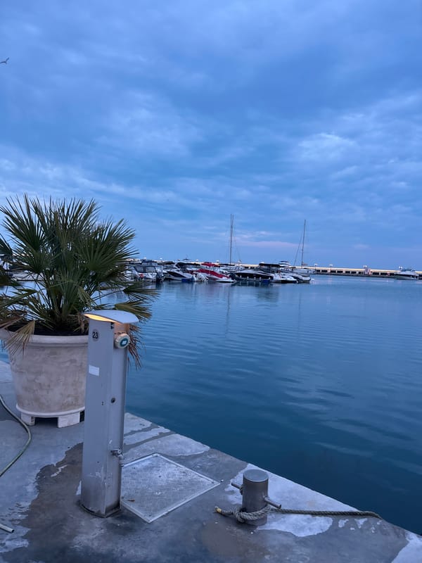 Evening dining and marina scenes captured at same location