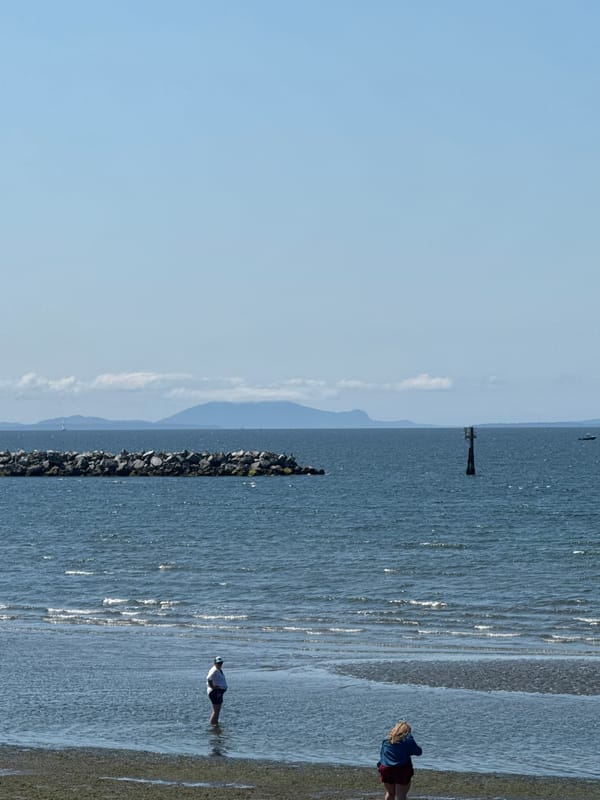 Sunny afternoon at White Rock pier, beach, and waterfront