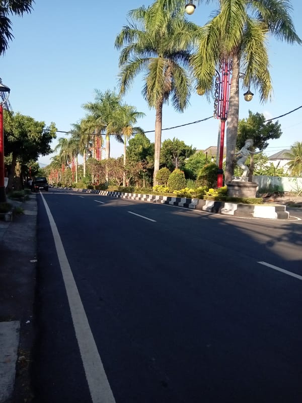 Morning drive through Blahbatuh's palm-lined streets and local landmarks