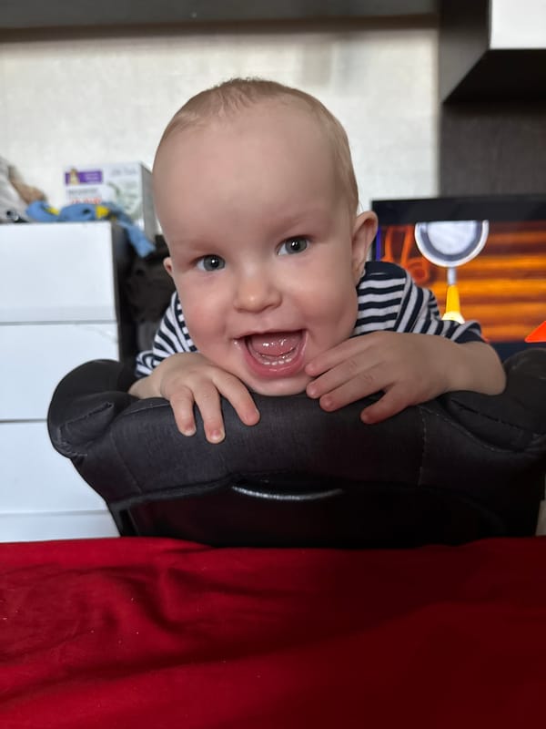 Baby photographed smiling in carrier in Donetsk home