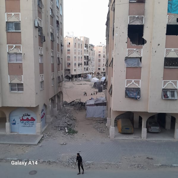 Damaged buildings and tent shelters documented in Khan Yunis