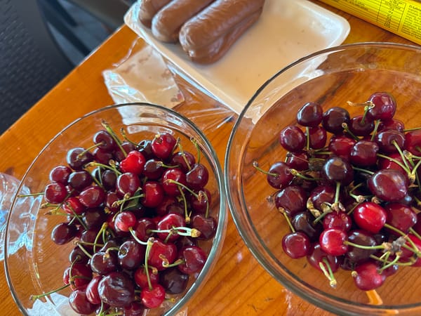 Fresh cherries displayed on tabletop in Sozopol, Bulgaria