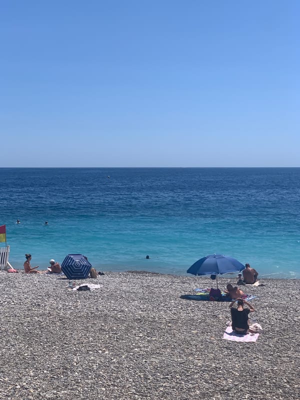 Sunny afternoon on Nice's pebble beach, Mediterranean in full color