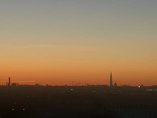 Saint Petersburg skyline captured during golden hour transition