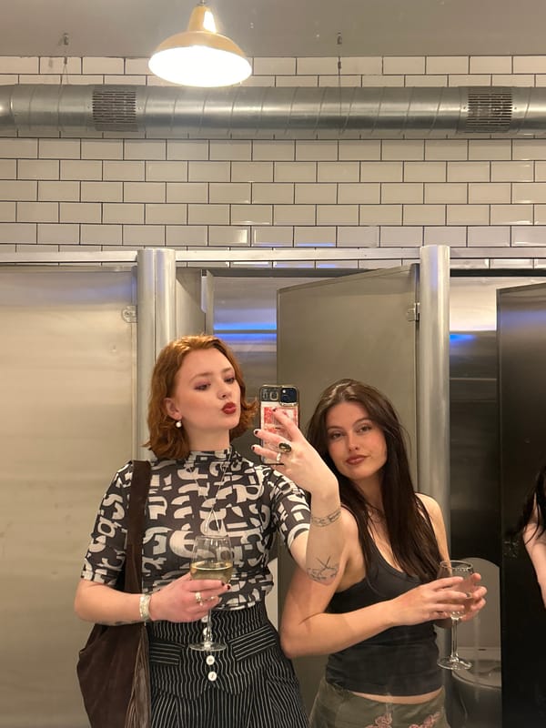 Two women take mirror selfie in Dundee restroom