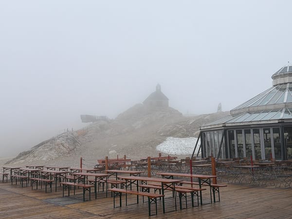 Rain-soaked mountain terrace seating, Garmisch-Partenkirchen