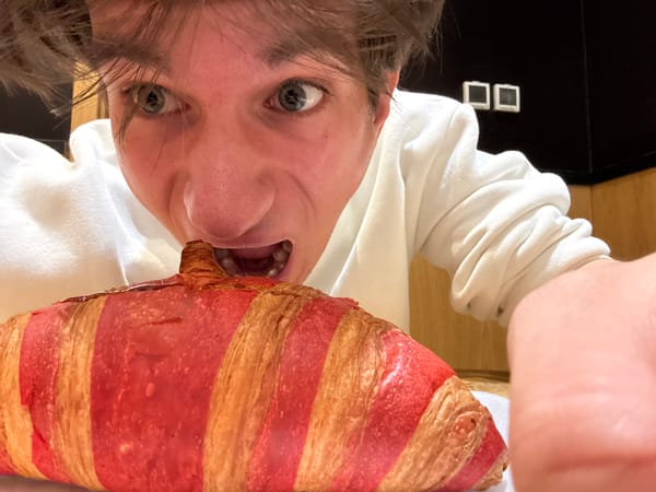 Person shares meal and takes playful food selfies in Sofia