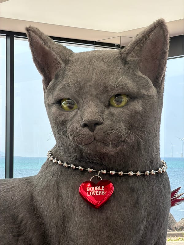 Morning along Jeju's coast: shorelines, wind turbines, and a cat sculpture