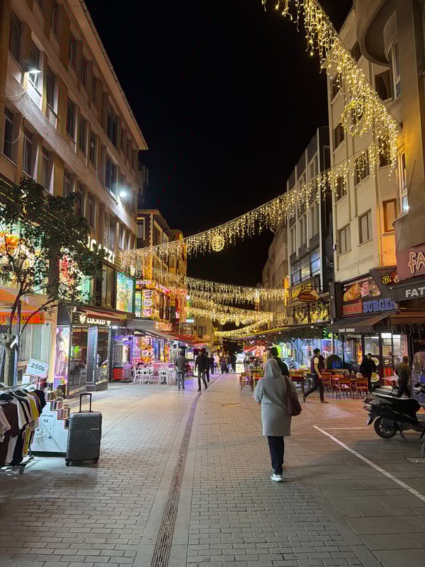 Couple captures nighttime selfie on illuminated Istanbul pedestrian street