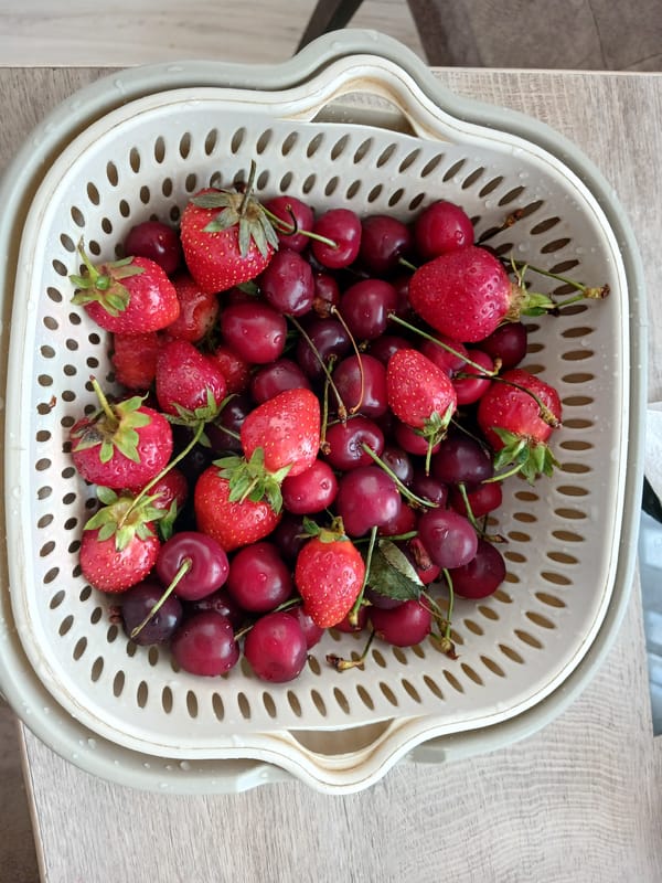 Home cooking session features fruit washing and frying patties