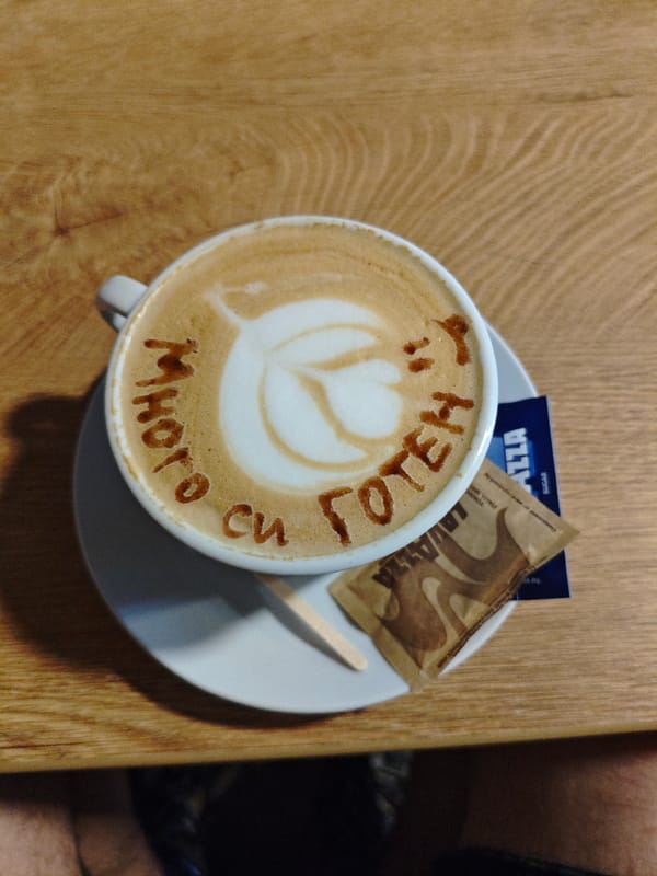 Latte art captured at cafe table in Ruse, Bulgaria