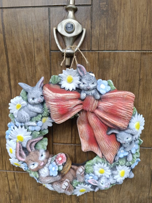 Easter wreath with bunnies spotted on door in Varna