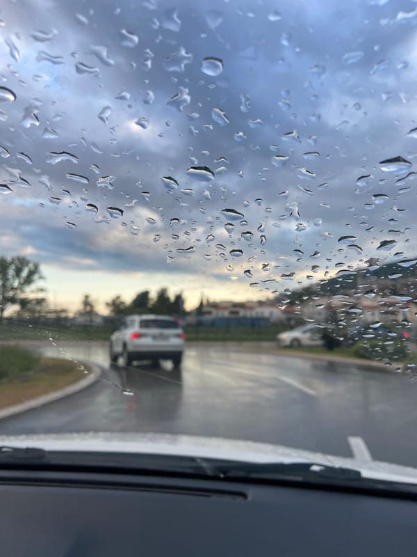 Heavy rain observed from vehicle in Budva, Montenegro